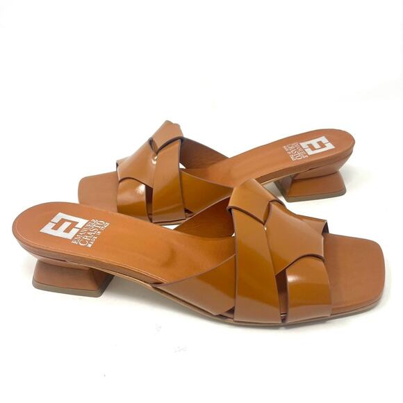 NEW EMANUELE CRASTO Square Toe Brown Leather Flat Slide Heel Sandals Women's 10 - Picture 3 of 8